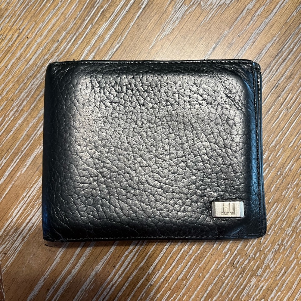 Dunhill Bi Fold Black Leather Wallet Silver Logo